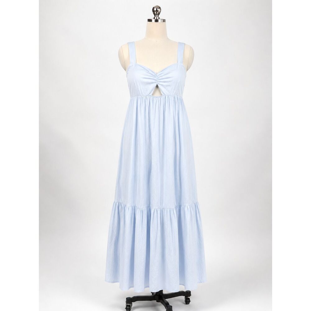 Zara Light Blue Tiered Cotton Romantic Summer Maxi Dress Size Small